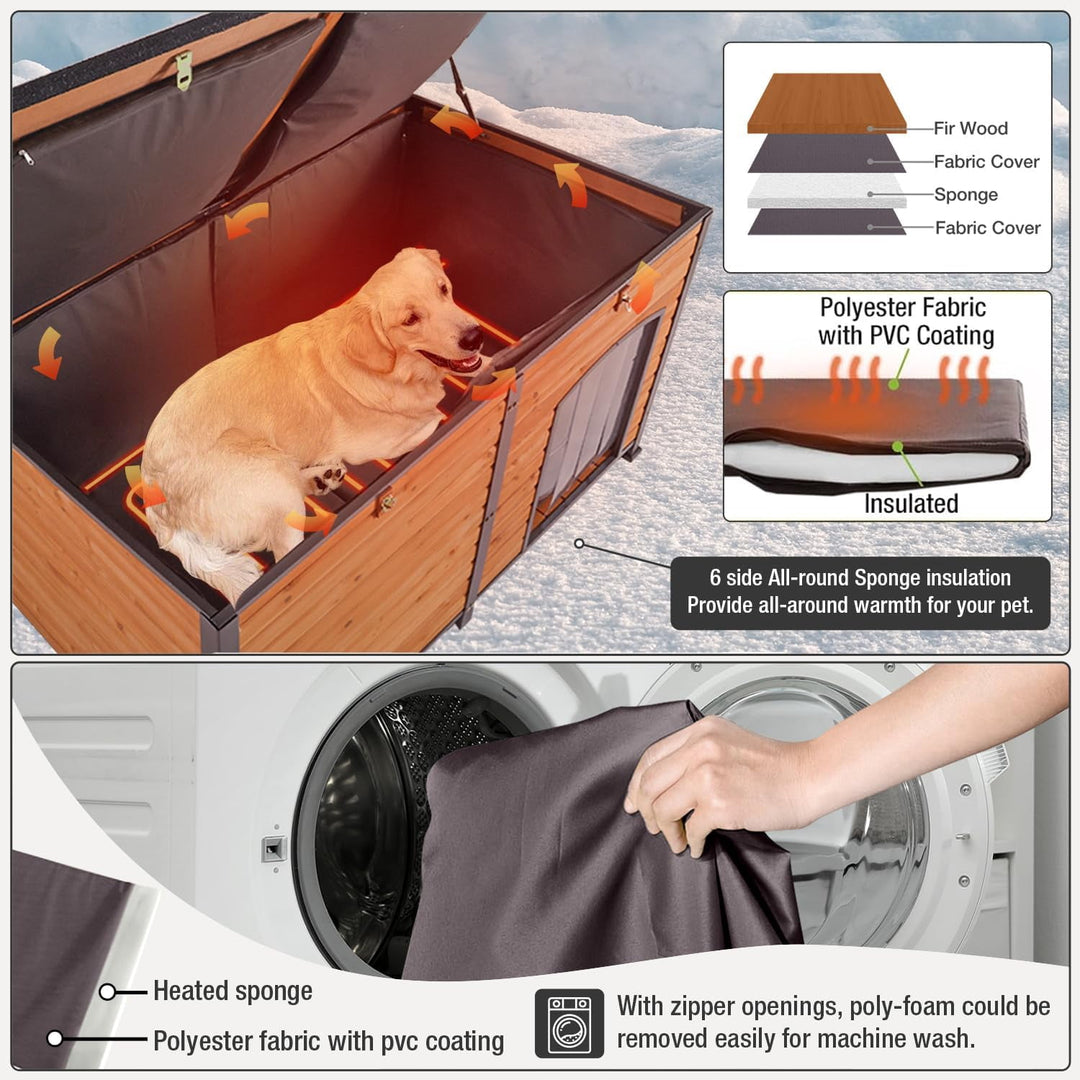 Large Heated Dog House with Heated Liner for Outdoor - Waterproof Outside Dog Kennel for Medium and Large Dog with All-Around Iron Frame - Brown GUT63-IN-HP-WM