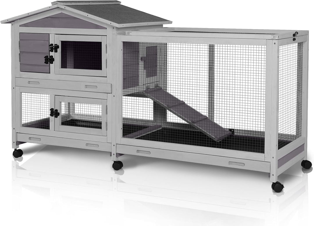 MEDEHOO Bunny Cage Indoor Outdoor Rabbit Hutch with Casters Waterproof Roof, Pull Out Tray from Back and Front, 61.2" L x 22.6" W x 33.5" H MEDE-AIR19-G-MA-WM