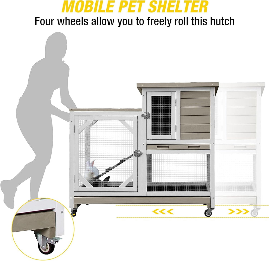 MEDEHOO Upgrade Rabbit Hutch Rabbit Cage Indoor Bunny Hutch with Run Outdoor Rabbit House with Two Deeper No Leak Trays - 4 Casters Include (Mocca Color Without Bottom Wire Netting) XZ7003-KK-WM