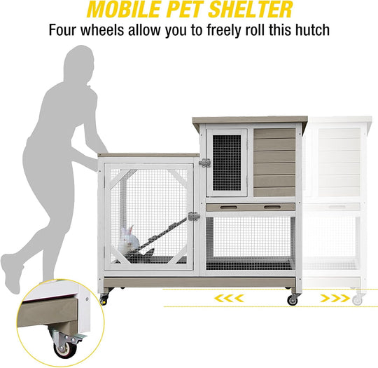MEDEHOO Upgrade Rabbit Hutch Rabbit Cage Indoor Bunny Hutch with Run Outdoor Rabbit House with Two Deeper No Leak Trays - 4 Casters Include (Mocca Color Without Bottom Wire Netting) XZ7003-KK-WM