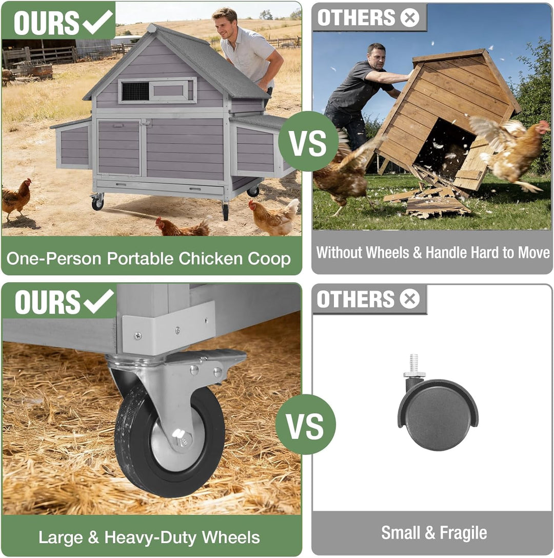MEDEHOO Large Mobile Chicken Coop with Wheels, 6 Nesting Box for 4-6 Chickens, Outdoor Hen House with Weatherproof Asphalt Roof, Pull-Out Tray