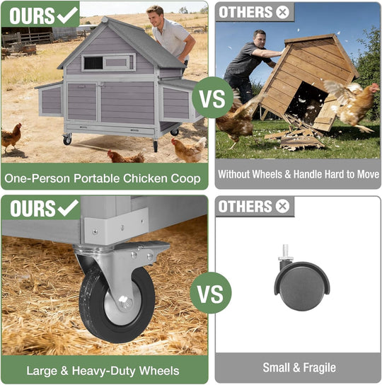 MEDEHOO Large Mobile Chicken Coop with Wheels, 6 Nesting Box for 4-6 Chickens, Outdoor Hen House with Weatherproof Asphalt Roof, Pull-Out Tray
