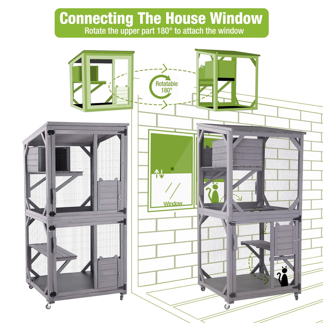 MEDEHOO 70.9" Catio Outdoor Cat House Cat Enclosure on Wheels, Large Wooden Cat Cage with Resting Box &amp; Asphalt Roof AIR22-G-WM
