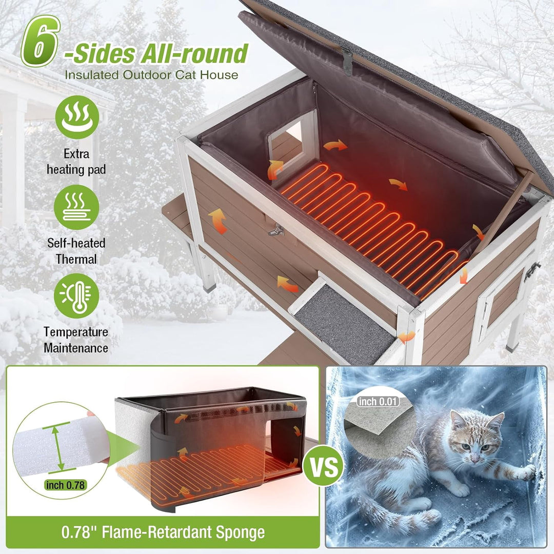 Heated Outdoor Cat House with Heating Pad and 6-Sided Insulation for Feral and Stray Cats, Brown AIR91-WB-HP-GE