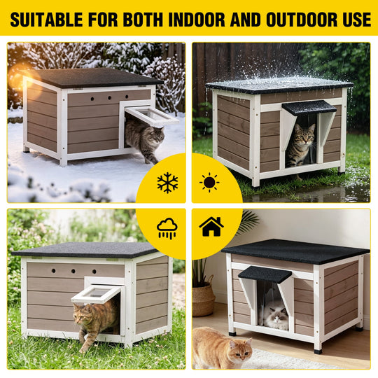 MEDEHOO Cat House for Outdoor Cats Insulated Feral Kitty Shelter with Warm Liner for Winter Waterproof Rabbit Hutch for Bunnies,Cats, White &amp; Brown