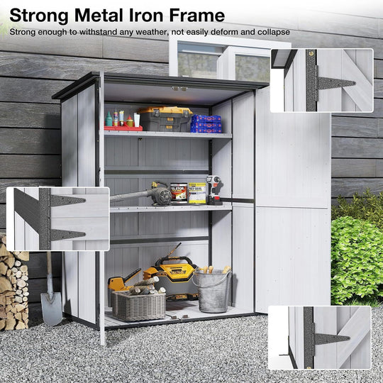 MEDEHOO Outdoor Storage Shed with Floor, Waterproof Storage Cabinet with Metal Frame, Adjustable Shelves, Garden Shed for Backyard Patio Lawn White AIR99-W-A-WM