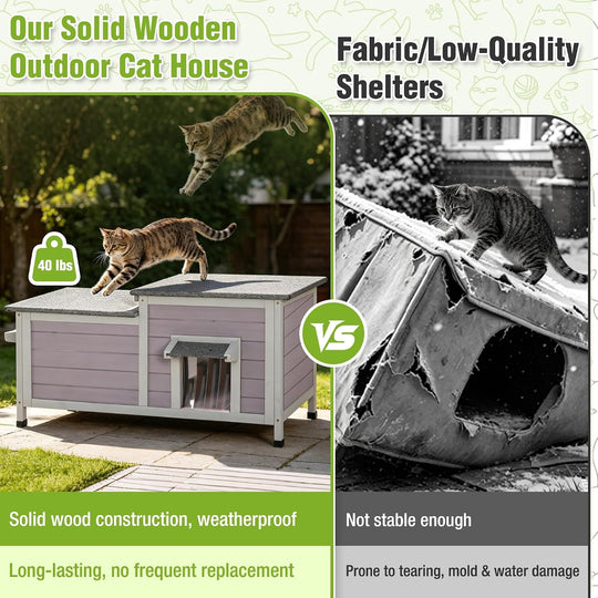 MEDEHOO 39.1" Cat House Outdoor Feral Cat Shelter Weatherproof Cat Condo for Winter 2 Rooms