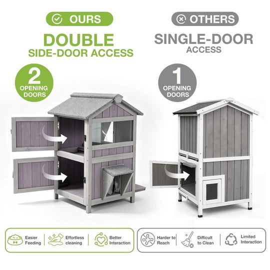MEDEHOO 2-Story Wooden Outdoor Cat House, Weatherproof Feral Cat Shelter with Escape Doors, Two Large Side Doors and Balcony, Gray GUT94-M-WM