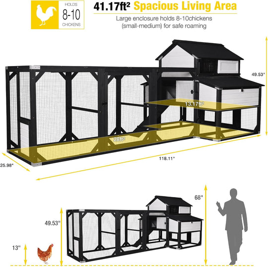MEDEHOO Extra Large Chicken Coop for 8-10 Chickens, Reinforced Outdoor Wooden Hen House with Run, 6 Nesting Boxes, Easy Clean Pull-Out Tray, Waterproof Asphalt Roof - Black, 118" L x 26" W x 50" H
