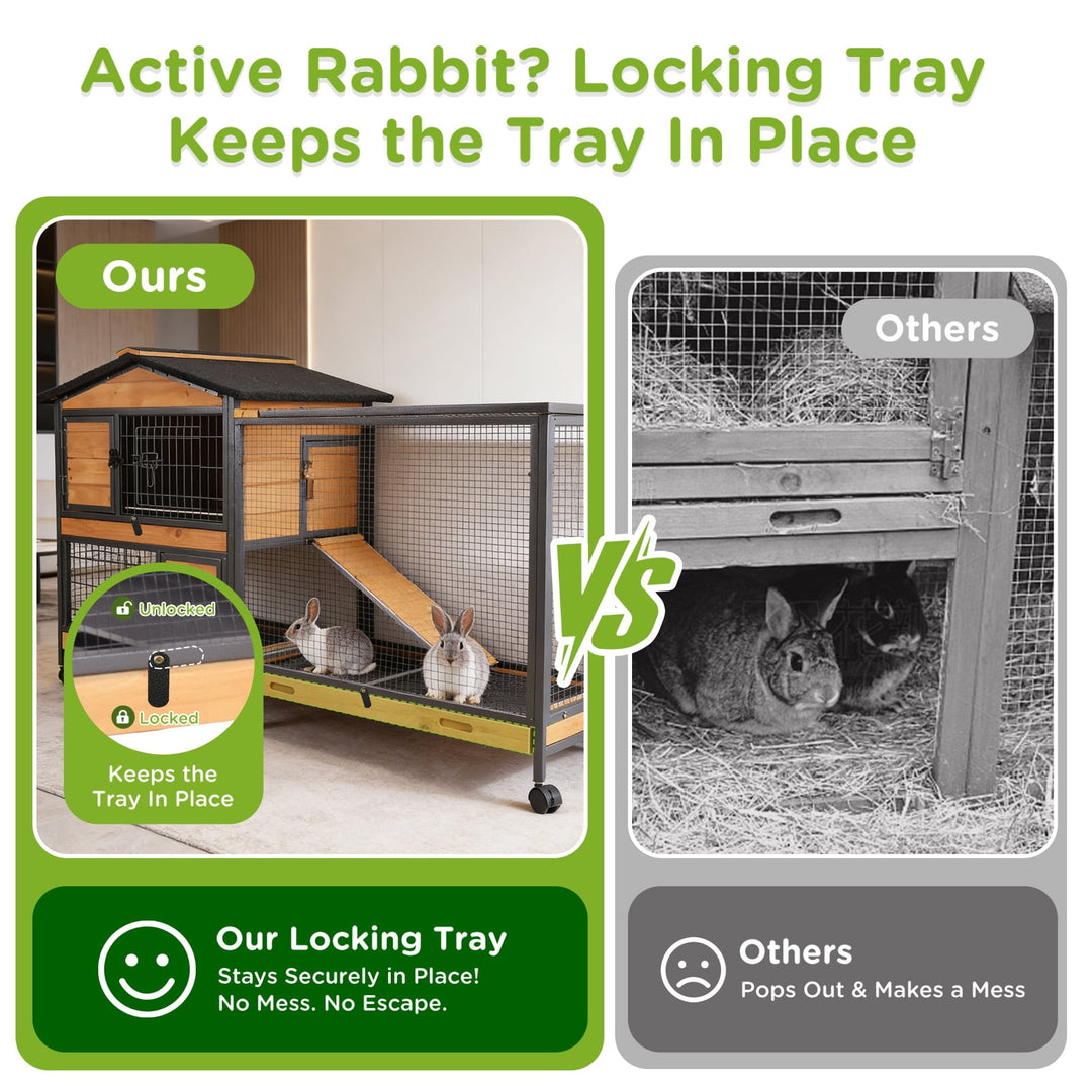 MEDEHOO 62" Heavy-Duty Rabbit Hutch with Full Iron Frame, 2-Story Indoor &amp; Outdoor Bunny Cage with Wheels and Pull-Out Tray, Orange