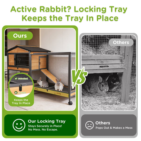 MEDEHOO 62" Heavy-Duty Rabbit Hutch with Full Iron Frame, 2-Story Indoor &amp; Outdoor Bunny Cage with Wheels and Pull-Out Tray, Orange