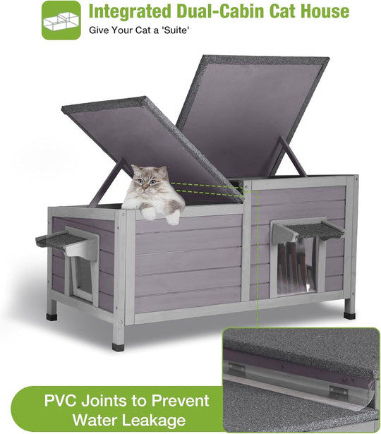 MEDEHOO Outdoor Cat House Weatherproof, Large Cat Shelter with Openable Roofs, Feral Kitty Shelter with Elevated Base, PVC Curtain AIR93-AD-WM