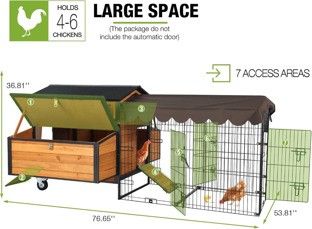 MEDEHOO Mobile Chicken Coop with Strong Iron Frame Outdoor Hen House with Run Poultry Cage with Waterproof Roof,Nesting Box,Pull-on Tray,6-8 Chickens AIR7019-00J-WM