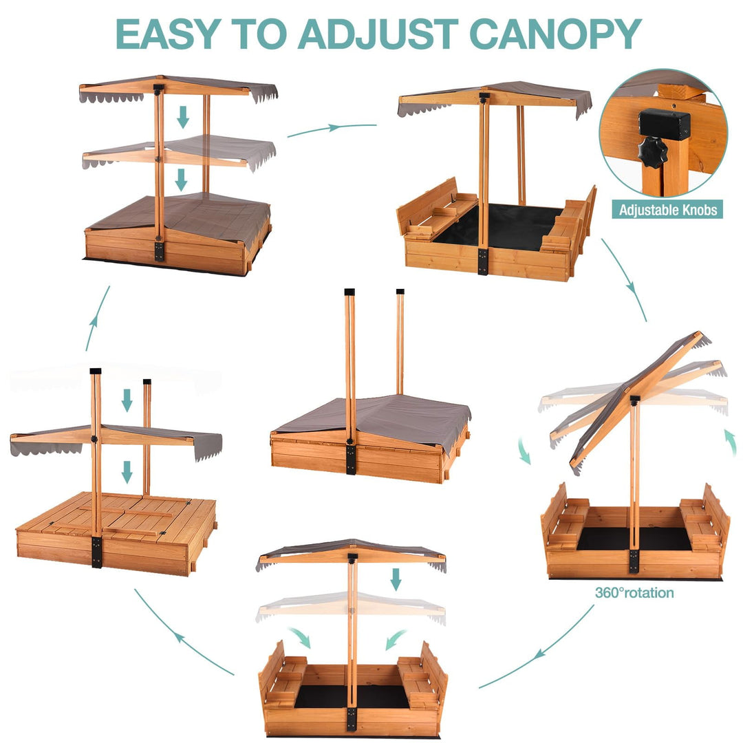 MEDEHOO Large Wooden Kids Sand Box with Cover, Sandbox with Lid Foldable Beench Seats, Sand Boxes for Backyard Garden, Beach Patio Outdoor COL05-A11-WM