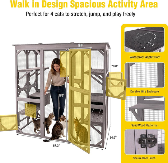 MEDEHOO Catio Outdoor Cat Enclosure with 7 Platforms, 2 Resting Boxes, Large Window Cat House for 6-8 Mulitiple Cats Walk in Kitty Cage with Weatherproof Tarp Roof 71"