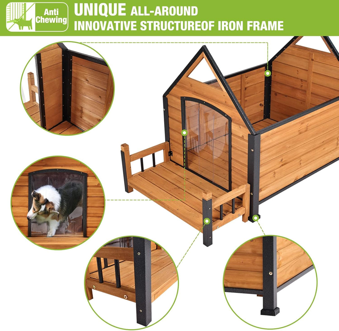 MEDEHOO Dog House Outdoor Indoor Wooden Dog Cage with All Iron Frame Anti-Chewing for Small Medium Large Dogs Use,Raise Floor with Customized Plastic Feet Pad