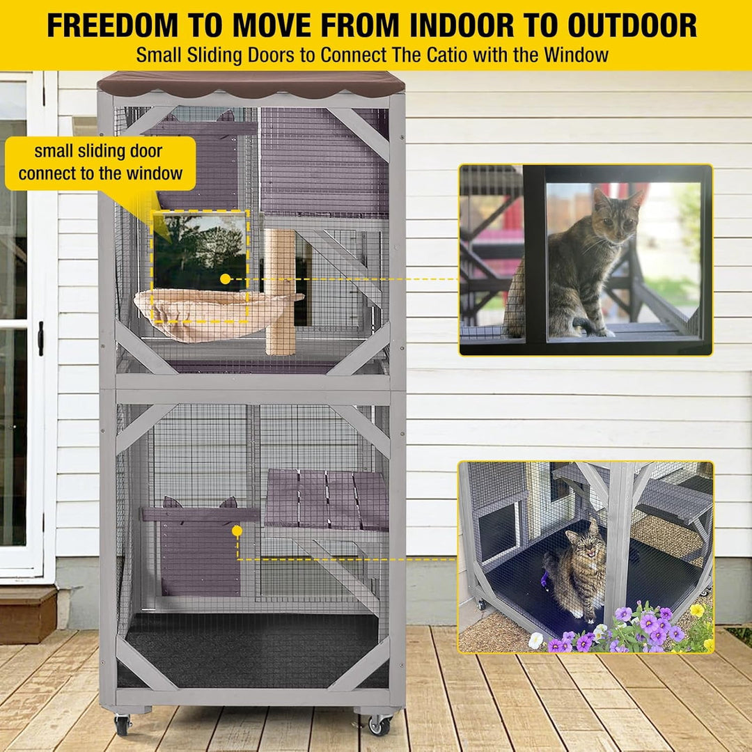 MEDEHOO Catio Outdoor Cat House for Catis Mobile Enclosures on Wheels Large Cat Cage with Waterproof Cover,Resting House,62.8