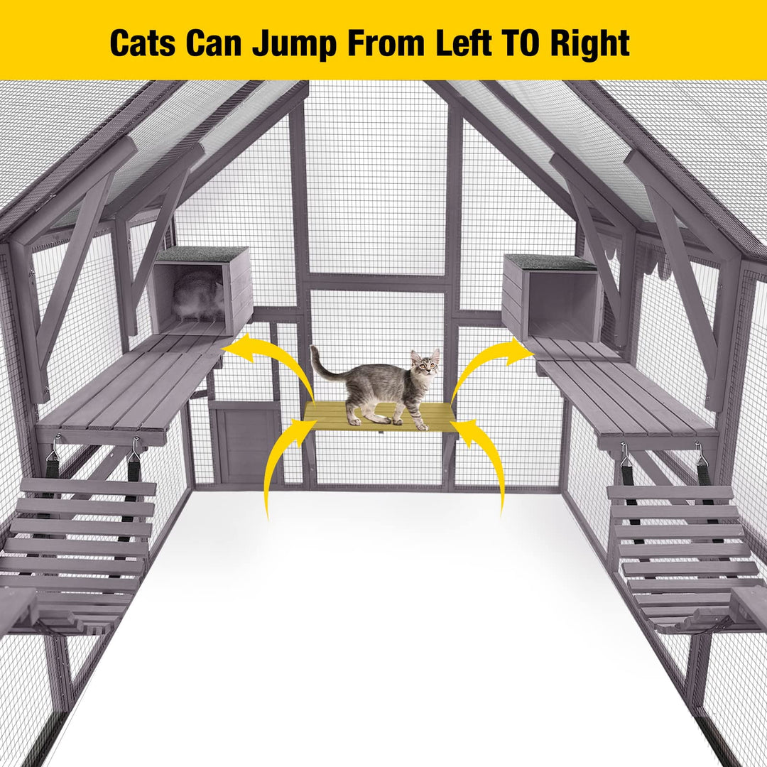 MEDEHOO 110'' Extra Large Catio Outdoor Cat Enclosure, Walk-in Wooden Cat Cage with Bridges, Platforms, Rest Rooms, Roof Cover AIR52-WM