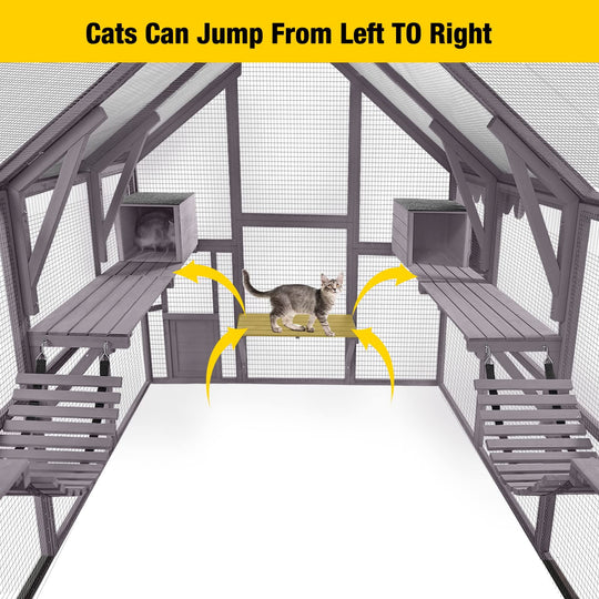 MEDEHOO 110'' Extra Large Catio Outdoor Cat Enclosure, Walk-in Wooden Cat Cage with Bridges, Platforms, Rest Rooms, Roof Cover AIR52-WM