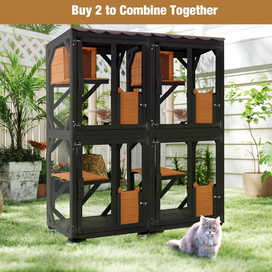 MEDEHOO 3-Tier Outdoor Catio with Wheels, Wooden Cat Enclosure with 4 Lockable Wheels &amp; Removable Hammock, Window Cat House for Multiple Cats, 63" Black