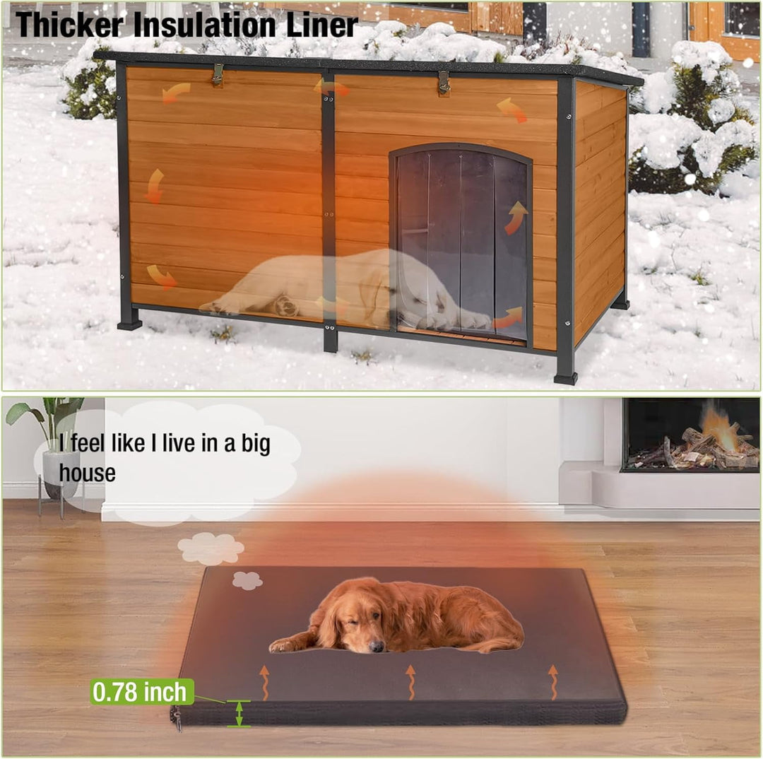 MEDEHOO Extra Large Insulated Outdoor Dog House with Insulated Liner for Winter, Weatherproof Dog Kennel with All-Around Iron Frame for Small, Medium, and Large Dog (Brown) AIR063-IN-WM