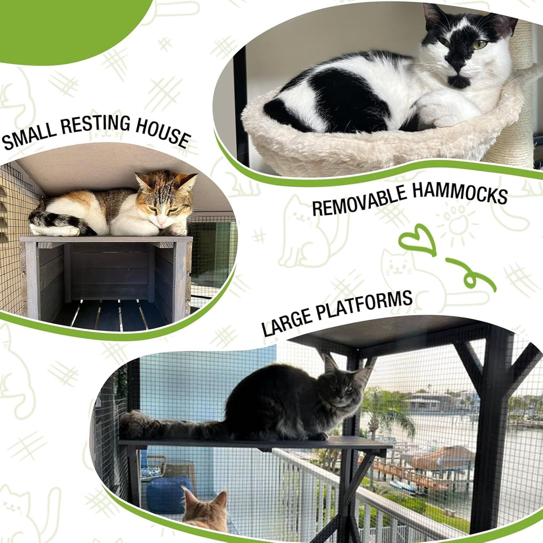 MEDEHOO Cat House Outdoor Catio for Cat Enclosure on Wheels 62.5" Large Kitty Shelter with Waterproof Cover,Indoor Cat Cage with Resting Room,Platforms AIRJO22-M