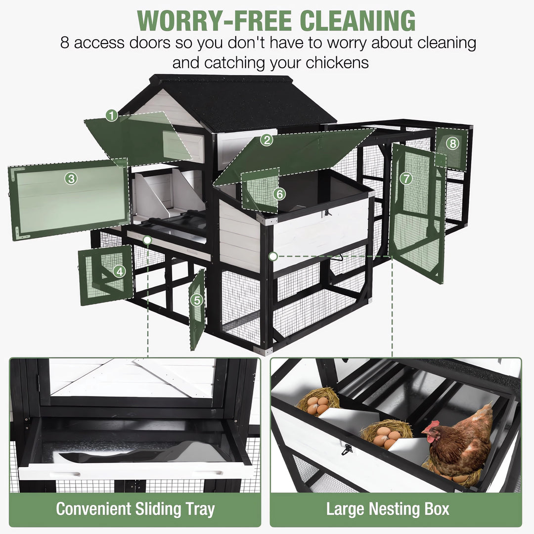 MEDEHOO Extra Large Wooden Chicken Coop for 8-10 Chickens, Reinforced Outdoor Hen House with Extended Run, 6 Nesting Boxes, Easy Clean Pull-Out Tray, Waterproof Asphalt Roof - Black, 118" L