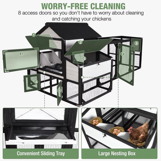 MEDEHOO Extra Large Wooden Chicken Coop for 8-10 Chickens, Reinforced Outdoor Hen House with Extended Run, 6 Nesting Boxes, Easy Clean Pull-Out Tray, Waterproof Asphalt Roof - Black, 118" L