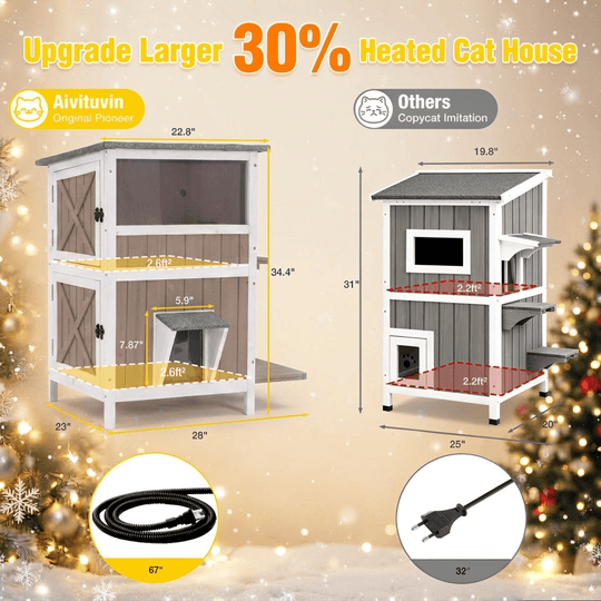 MEDEHOO 2-Story Heated Outdoor Cat House for Winter, Insulated Wooden Feral Shelter with Heating Pad, Liner &amp; Escape Doors, Brown