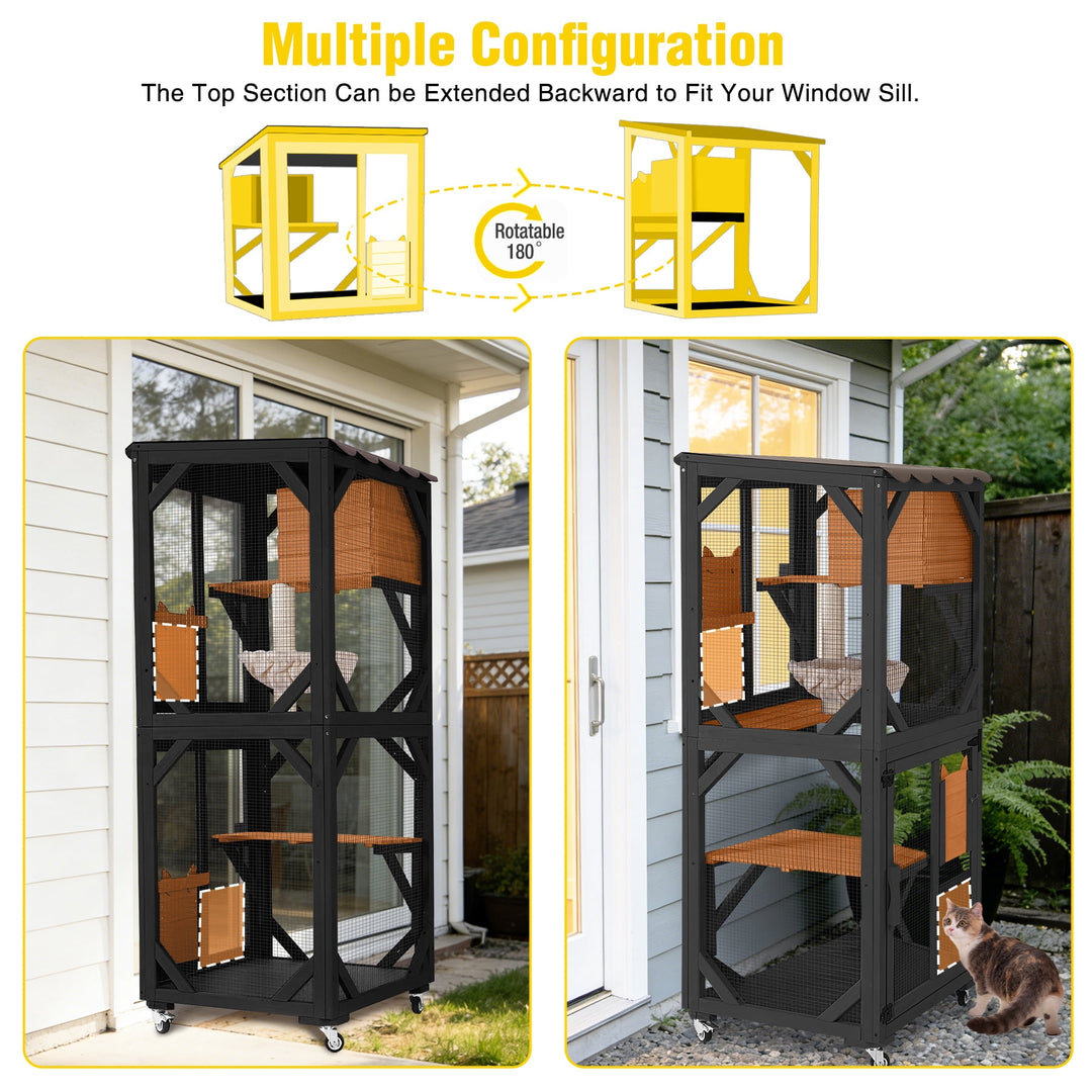 62.8" Catio Outdoor Cat Enclosure, Mobile Catio Enclosure Indoor On Wheels with Scratch Post, Hammock, Resting Box, Platform, Tarp Roof, Black