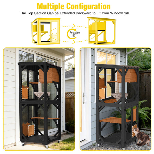 62.8" Catio Outdoor Cat Enclosure, Mobile Catio Enclosure Indoor On Wheels with Scratch Post, Hammock, Resting Box, Platform, Tarp Roof, Black