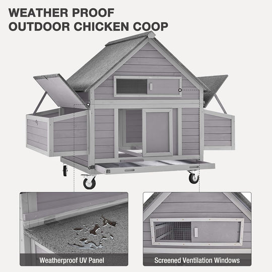 MEDEHOO Large Chicken Coop with Wheels, Expandable Chicken House for Outdoor with Two Nesting Box, Leakproof Pull-out Tray  Hen House for 5-6 Chickens AIR67-Q-WM