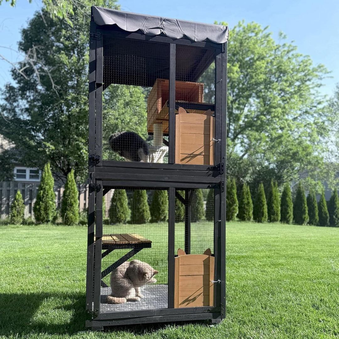 MEDEHOO Window Catio Outdoor Cat Enclosure Mobile Kitty Shelter on Wheels Pet Cage with Resting Box, Hammocks, Waterproof Cover AIR22-M-B-WM