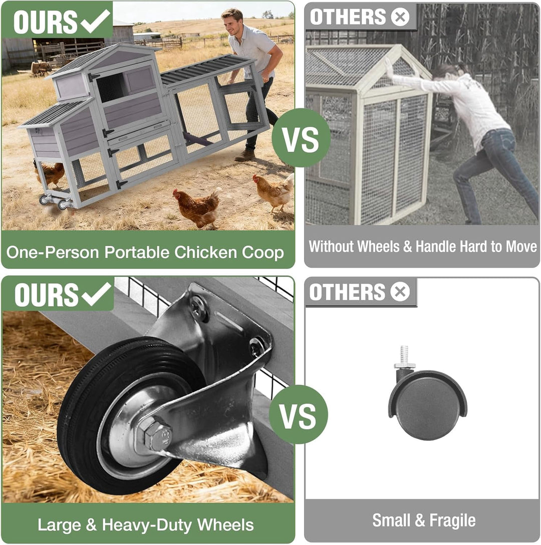 MEDEHOO 83" Large Chicken Coop for 4-6 Chickens, Mobile Hen House Outdoor Wooden Poultry Cage with Wheels Nesting Box Run
