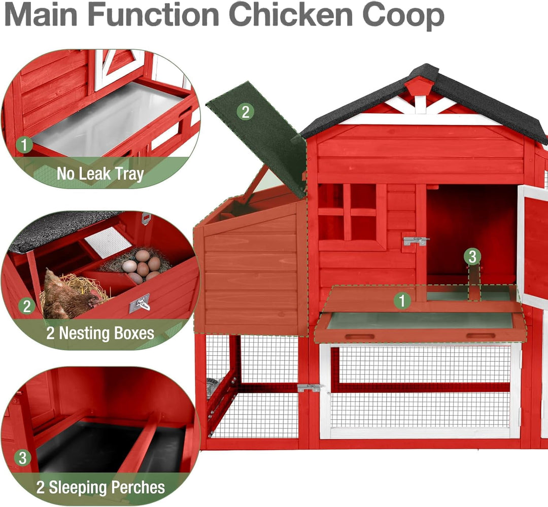 MEDEHOO Outdoor Chicken Coop with Run, 2-Story Wooden Hen House with Wheels, Waterproof Roof &amp; Pull-Out Tray for 2-4 Chickens (Red) AIR32-R-D11-WM
