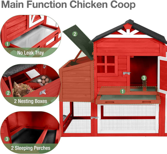 MEDEHOO Outdoor Chicken Coop with Run, 2-Story Wooden Hen House with Wheels, Waterproof Roof &amp; Pull-Out Tray for 2-4 Chickens (Red) AIR32-R-D11-WM