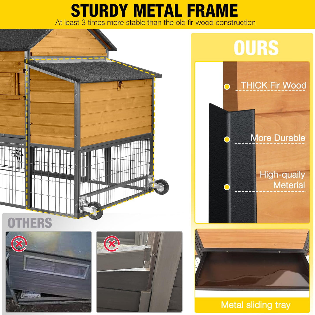 MEDEHOO Chicken Coop Large Mobile Chicken House with Strong Iron Frame Outdoor Poultry Cage with Nesting Box, Duck Coop,Waterproof Rain Cover 85‘’