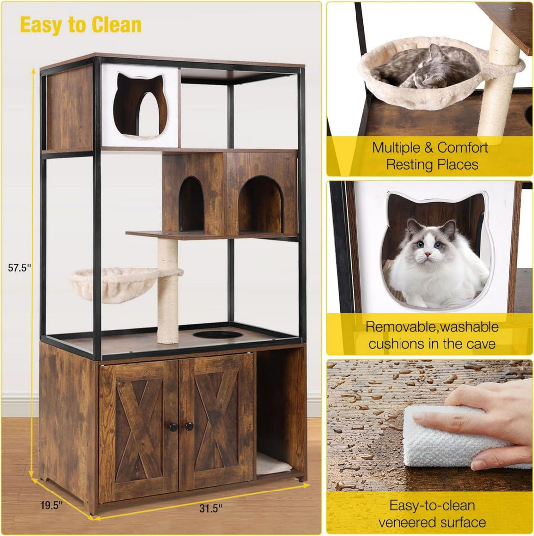 MEDEHOO Cat Litter Box Enclosure, Litter Box Furniture Hidden, Wooden Cat Washroom Furniture, Indoor Cat House with Condo, Hammock, Scratching Mat and Storage Shelves