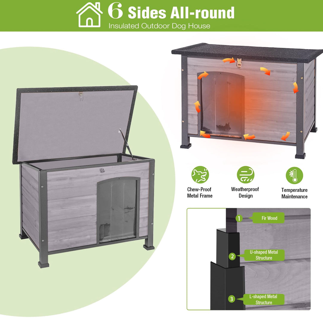 MEDEHOO 33.5 in Wooden Dog House for Medium Dogs, Chew-Proof Iron Frame Outdoor Dog Kennel with Openable Roof and Removable Floor, Grey