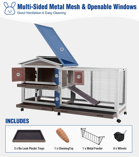 MEDEHOO Large Rabbit Hutch Indoor, Bunny Cage Outdoor with Chew-Proof Ramp, 2-Story Guinea Pig Cages with 6 Wheels, 3 Pull-Out Trays, Waterproof Asphalt Roof, 62" L - Coffee