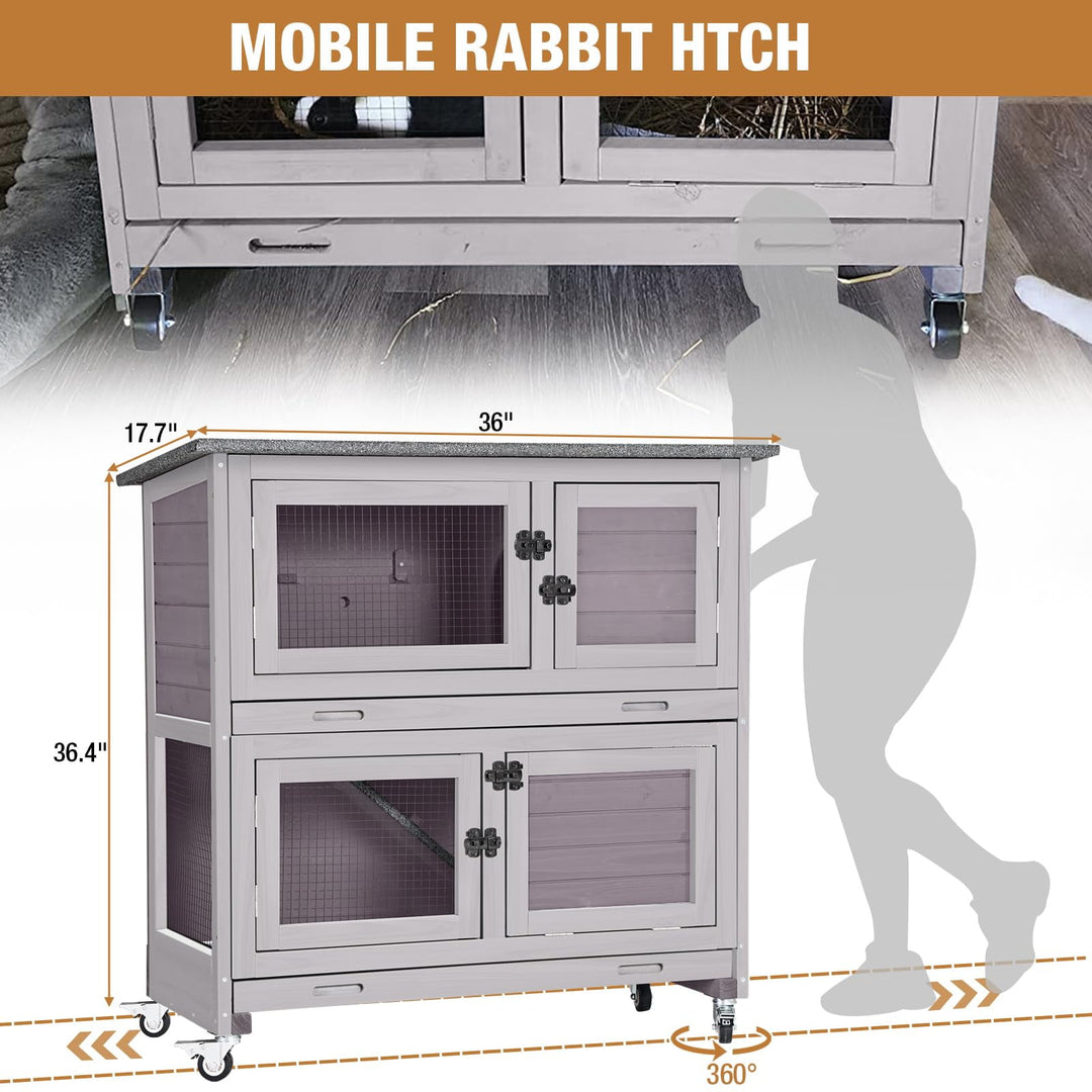 BUTINGLALE Rabbit Hutch Indoor Outdoor, Bunny Cage with Casters, Guinea Pig Cage Bunny Hutch with Two Plastic Trays 36inch SKY77-WM
