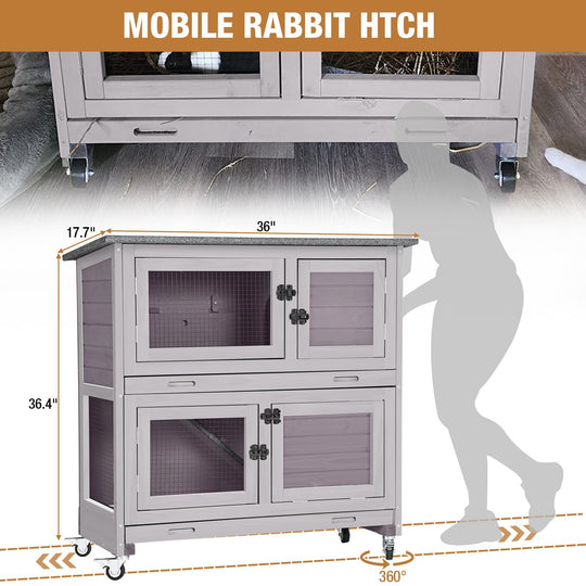 BUTINGLALE Rabbit Hutch Indoor Outdoor, Bunny Cage with Casters, Guinea Pig Cage Bunny Hutch with Two Plastic Trays 36inch SKY77-WM