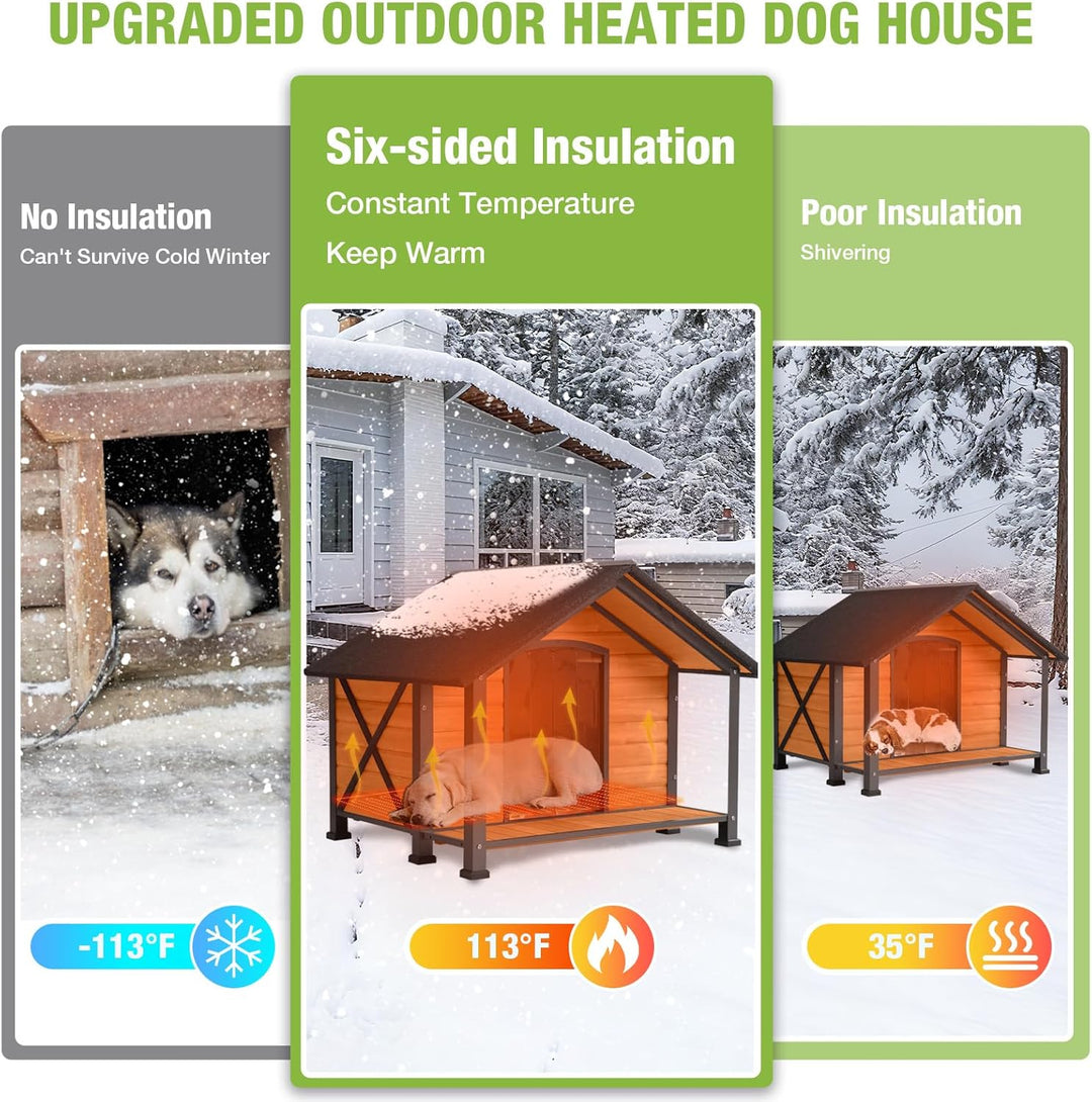 Heated Outdoor Dog House Insulated Weatherproof Wooden Dog Kennel for Winter, Anti-Bite Dog Shelter with Heating Pad and Insulated Liner, Porch, Openable Roof and Removable Floor, Easy Cleaning