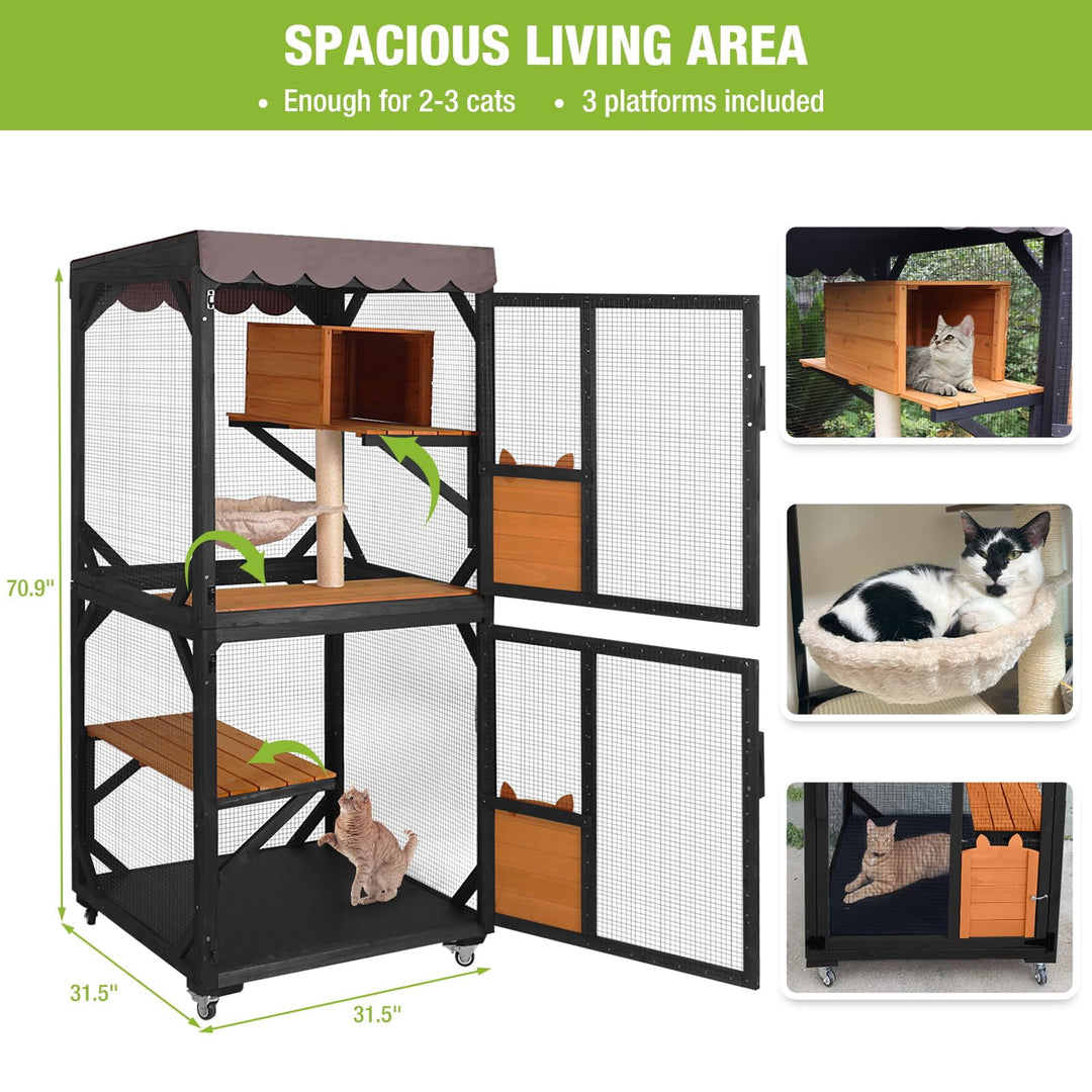 BUTINGLALE Cat House Outdoor Catio on Wheels 70.9" Cat Enclosure Perfect for 3-5 Cats,Waterproof Cover Kitty Shelter AIR7014-J