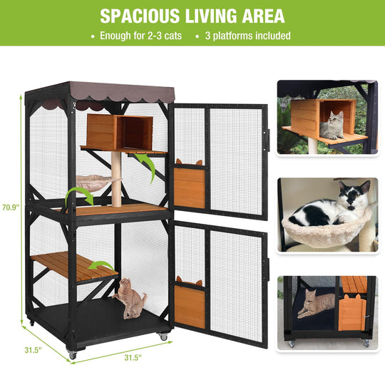 BUTINGLALE Cat House Outdoor Catio on Wheels 70.9" Cat Enclosure Perfect for 3-5 Cats,Waterproof Cover Kitty Shelter AIR7014-J