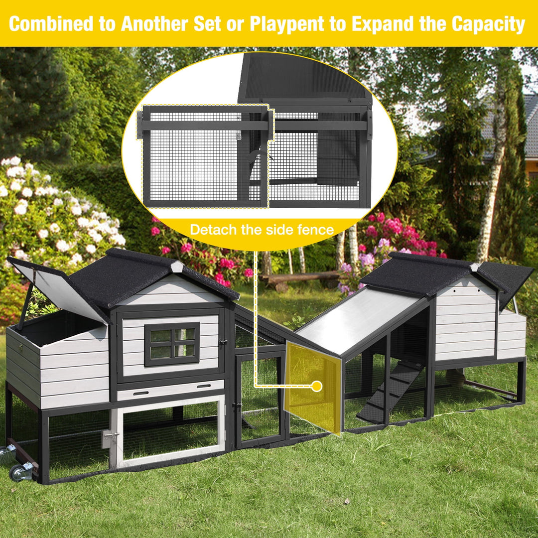 MEDEHOO Chicken Coop, Mobile Chicken House with Wheels, Outdoor Hen House Poultry Cage with Nesting Box, Leakproof Pull Out Tray and UV-Resistant Roof,Rabbit Hutch Duck Coop (White &amp; Black)