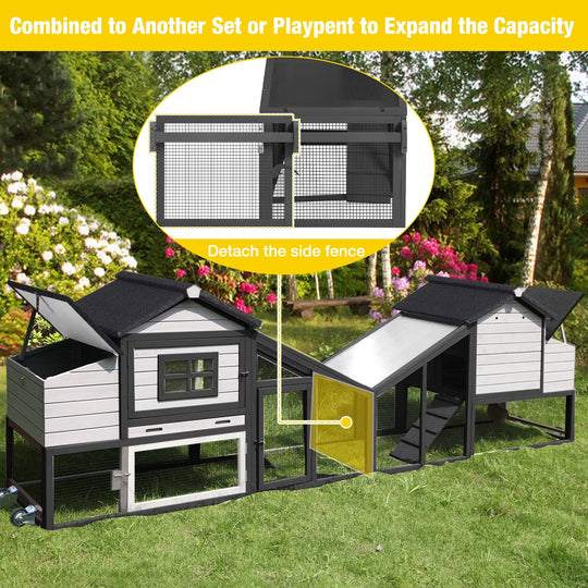 MEDEHOO Chicken Coop, Mobile Chicken House with Wheels, Outdoor Hen House Poultry Cage with Nesting Box, Leakproof Pull Out Tray and UV-Resistant Roof,Rabbit Hutch Duck Coop (White &amp; Black)