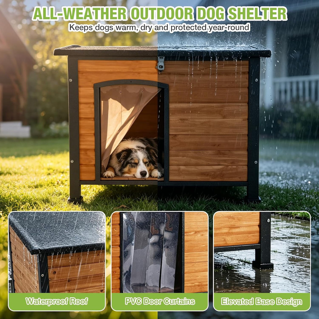 MEDEHOO Heated Outdoor Dog House with Insulated Liner for Medium Breeds Weatherproof Wooden Dog Kennel with Openable Asphalt Roof, Chew-Proof Metal Frame Brown