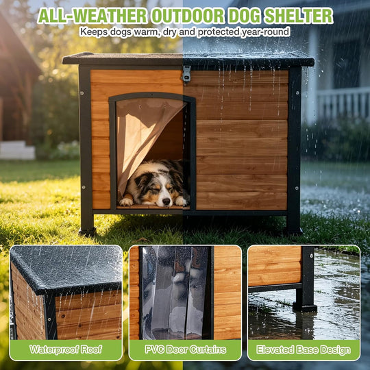 MEDEHOO Heated Outdoor Dog House with Insulated Liner for Medium Breeds Weatherproof Wooden Dog Kennel with Openable Asphalt Roof, Chew-Proof Metal Frame Brown