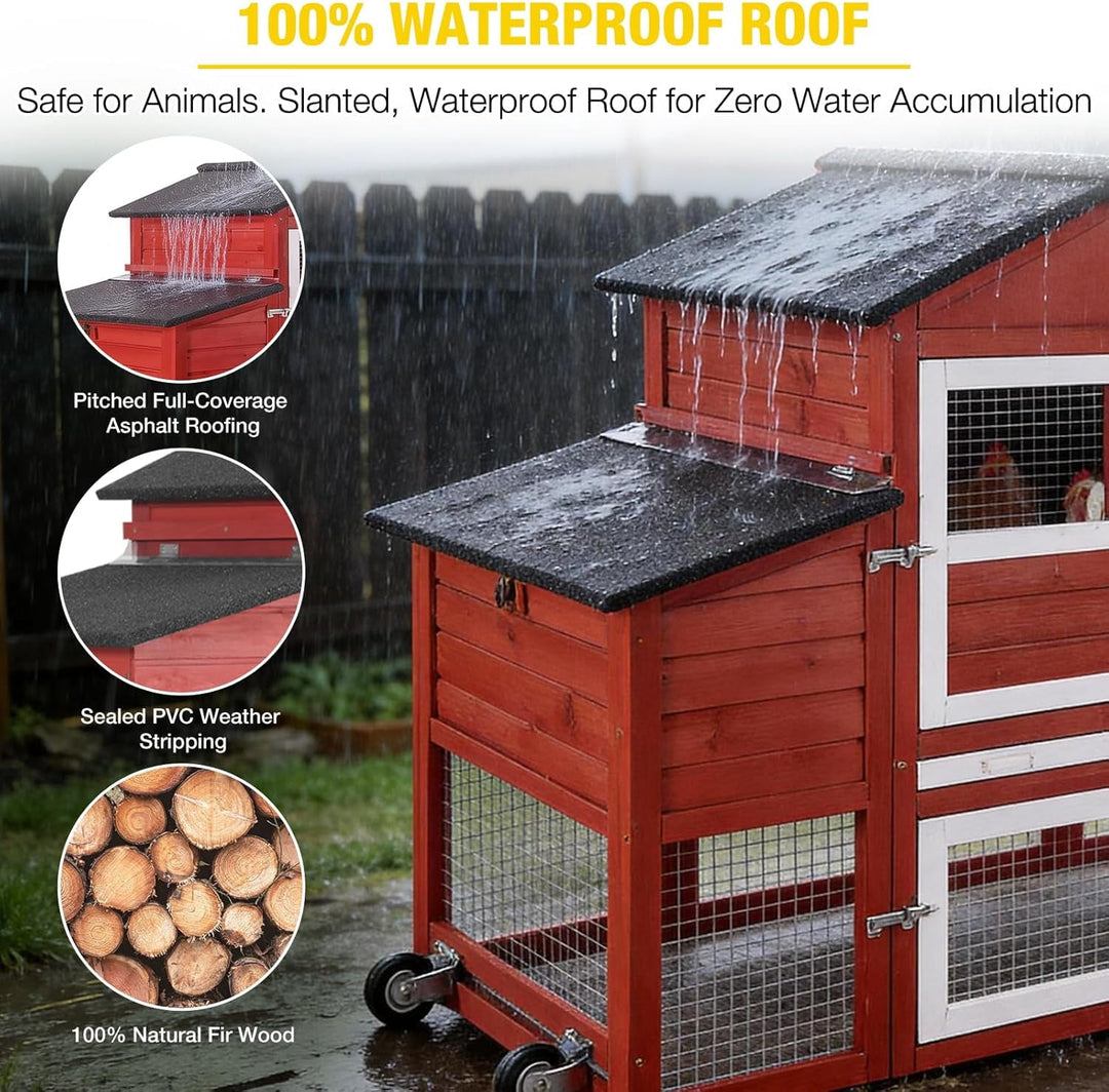 MEDEHOO Large Chicken Coop with Wheels  82.4" L Outdoor Hen House with Run Nesting Box for 4-6 Chickens, Mobile Chicken House Portable Duck Coop Red